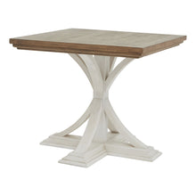 Load image into Gallery viewer, Luna Collection Square Dining Table in WHITE Hill Interiors 23110 5050140311080 Dimensions: 78cm x 90cm x 90cm Weight: 25kg Volume: 0.63CBM This is the Luna Collection Square Dining Table. Where rustic charm meets contemporary design, the furniture range boasts an off white painted bottom combined with a stained wooden top. It is carefully handcrafted by skilled artisans, highlighting a unique planked pine design enhanced by a warm mid-tone stain. The fusion of this earthy texture with popular white painted