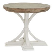 Load image into Gallery viewer, Luna Collection Round Occasional Table in WHITE Hill Interiors 23111 5050140311189 Dimensions: 60cm x 70cm x 70cm Weight: 12kg Volume: 0.37CBM This is the Luna Collection Round Occasional Table. Where rustic charm meets contemporary design, the furniture range boasts an off white painted bottom combined with a stained wooden top. It is carefully handcrafted by skilled artisans, highlighting a unique planked pine design enhanced by a warm mid-tone stain. The fusion of this earthy texture with popular white p