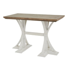 Load image into Gallery viewer, Luna Collection Rectangular Bar Table in WHITE Hill Interiors 23112 5050140311288 Dimensions: 100cm x 150cm x 75cm Weight: 40kg Volume: 1CBM This is the Luna Collection Rectangular Bar Table. Where rustic charm meets contemporary design, the furniture range boasts an off white painted bottom combined with a stained wooden top. It is carefully handcrafted by skilled artisans, highlighting a unique planked pine design enhanced by a warm mid-tone stain. The fusion of this earthy texture with popular white pain