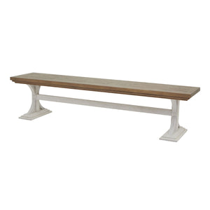 Luna Collection Dining Bench in WHITE Hill Interiors 23113 5050140311387 Dimensions: 46cm x 200cm x 44cm Weight: 22kg Volume: 0.3CBM This is the Luna Collection Dining Bench. Where rustic charm meets contemporary design, the furniture range boasts an off white painted bottom combined with a stained wooden top. It is carefully handcrafted by skilled artisans, highlighting a unique planked pine design enhanced by a warm mid-tone stain. The fusion of this earthy texture with popular white painted legs yields a