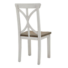 Load image into Gallery viewer, Luna Collection Dining Chair in WHITE Hill Interiors 23114 5050140311486 Dimensions: 102cm x 48cm x 48cm Weight: 7kg Volume: 0.17CBM This is the Luna Collection Dining Chair. Where rustic charm meets contemporary design, the furniture range boasts an off white painted bottom combined with a stained wooden top. It is carefully handcrafted by skilled artisans, highlighting a unique planked pine design enhanced by a warm mid-tone stain. The fusion of this earthy texture with popular white painted legs yields a
