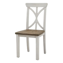 Load image into Gallery viewer, Luna Collection Dining Chair in WHITE Hill Interiors 23114 5050140311486 Dimensions: 102cm x 48cm x 48cm Weight: 7kg Volume: 0.17CBM This is the Luna Collection Dining Chair. Where rustic charm meets contemporary design, the furniture range boasts an off white painted bottom combined with a stained wooden top. It is carefully handcrafted by skilled artisans, highlighting a unique planked pine design enhanced by a warm mid-tone stain. The fusion of this earthy texture with popular white painted legs yields a