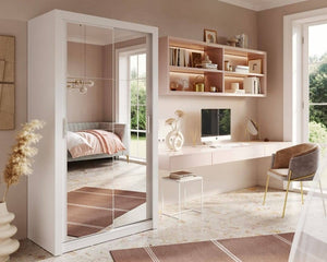 Arti 19 - 2 Sliding Door Wardrobe 120cm Arte-N ARTI AR-19-G Slender lofty, the Arti 19 is aesthetically finished with mirrored fronts black hles on sliding doors. The wardrobe is featured in two colour variants – grey or white. The inside-layout can be personalized with three removable shelves, two hanging rails a pair of large compartments. Compatible with LED lights. W120cm x H215cm x D60cm Colours: Grey Matt White Matt Oak Shetl Two Sliding Doors Mirrors Self-customised inside layout Powered LED lighting