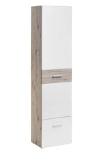 Load image into Gallery viewer, Gustavo III Hallway Set Arte-N DWW GV3+P The Gustavo III is a luxurious hallway furniture set that includes two cabinets, a wall hanger with hooks, a mirror panel with a shelf a practical bench. Its combination of white gloss Oak Wellington gives it a contemporary look that perfectly complements Scinavian modern decors. Total W170cm x H200cm x D35cm Colour: Oak Wellington White Gloss Multiple Hangers Five Shelves Drawer Mirror Made from 16mm high-quality laminated board Assembly Required Weight: 115kg Direc