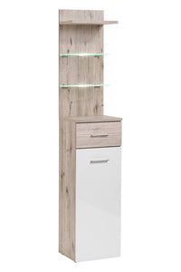 Gustavo I Hallway Set Arte-N DWW GV1+P A stylish practical hallway furniture set comprises a cabinet with a conjoined panel featuring LED-lit glass shelves, a bench a wall hanger. Suitable for a wide variety of interior styles, thanks to its universal colour scheme. Total W100cm x H200cm x D35cm Colour: Oak Wellington White Gloss Six Shelves [Two Glass] LEDs Included Hangers Made from 16mm high-quality laminated board Assembly Required Weight: 61kg Direct Home Delivery Time: 5-6 Weeks DIMENSIONS Tall Cabine