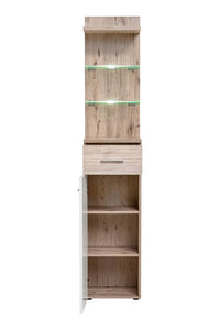 Gustavo I Hallway Set Arte-N DWW GV1+P A stylish practical hallway furniture set comprises a cabinet with a conjoined panel featuring LED-lit glass shelves, a bench a wall hanger. Suitable for a wide variety of interior styles, thanks to its universal colour scheme. Total W100cm x H200cm x D35cm Colour: Oak Wellington White Gloss Six Shelves [Two Glass] LEDs Included Hangers Made from 16mm high-quality laminated board Assembly Required Weight: 61kg Direct Home Delivery Time: 5-6 Weeks DIMENSIONS Tall Cabine
