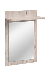 Gustavo Hallway Shelf [Mirror] Arte-N DWW GV TYP E This convenient mirror + shelf combo is perfect for storing your favourite cosmetics or perfumes. Keep it in your hallway for easy access, or place it elsewhere to liven up any room. The mirror provides a clear view of your reflection to help you look your best, the shelf keeps items organized. W60cm x H90cm x D25cm Colour: Oak Wellington One Shelf Mirror Matching Furniture Available Made from 16mm high-quality laminated board Assembly Required Weight: 12kg