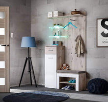 Load image into Gallery viewer, Gustavo I Hallway Set Arte-N DWW GV1+P A stylish practical hallway furniture set comprises a cabinet with a conjoined panel featuring LED-lit glass shelves, a bench a wall hanger. Suitable for a wide variety of interior styles, thanks to its universal colour scheme. Total W100cm x H200cm x D35cm Colour: Oak Wellington White Gloss Six Shelves [Two Glass] LEDs Included Hangers Made from 16mm high-quality laminated board Assembly Required Weight: 61kg Direct Home Delivery Time: 5-6 Weeks DIMENSIONS Tall Cabine