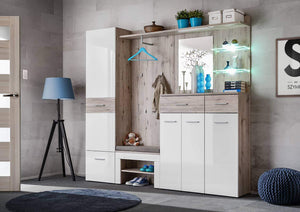 Gustavo IV Hallway Set Arte-N DWW GV4+P A luxurious hallway furniture set featuring three cabinets, an upholstered bench with storage space underneath, a large wall hanger with hooks, a mirror panel with a medium-sized shelf powered LED lighting. Finished in a beautiful combination of white gloss Oak Wellington, the Gustavo IV set is perfect for a modern house. Total W210cm x H200cm x D35cm Colour: Oak Wellington White Gloss Multiple Hangers Nine Shelves [Two Glass] LED Lighting Included Two Drawers Mirror 