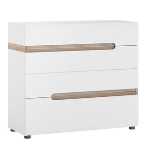 Chelsea 4 Drawer Chest in White with Oak Trim Furniture To Go 4024444 5900355025220 4 drawer chest in white with an Truffle Oak trim. Unconventional design - a proposal for the followers of the latest trends. The clever mix of scratch resistant white melamine with beautiful high gloss fronts and oak melamine trim makes this top quality collection of furniture the ideal destination for the most modern of homes, the massive range that includes many cabinets and wall units fulfils every storage and display opt