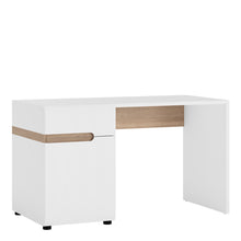 Load image into Gallery viewer, Chelsea Desk/Dressing Table in White with Oak Trim Furniture To Go 4028044 5900355025237 Desk/Dressing table in white with an Truffle Oak trim. Unconventional design - a proposal for the followers of the latest trends. The clever mix of scratch resistant white melamine with beautiful high gloss fronts and oak melamine trim makes this top quality collection of furniture the ideal destination for the most modern of homes, the massive range that includes many cabinets and wall units fulfils every storage and d