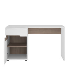 Load image into Gallery viewer, Chelsea Desk/Dressing Table in White with Oak Trim Furniture To Go 4028044 5900355025237 Desk/Dressing table in white with an Truffle Oak trim. Unconventional design - a proposal for the followers of the latest trends. The clever mix of scratch resistant white melamine with beautiful high gloss fronts and oak melamine trim makes this top quality collection of furniture the ideal destination for the most modern of homes, the massive range that includes many cabinets and wall units fulfils every storage and d