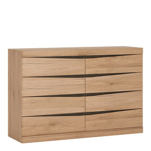 Kensington 4 + 4 Wide Chest of Drawers in Oak Furniture To Go 4034445 5900355033799 4 + 4 Wide Chest of Drawers in Oak. This fantastic grained oak finish with the contrasting dark trim makes this modern top quality collection of bedroom furniture the ideal destination for the most modern or traditional homes. Dimensions: 838mm x 1257mm x 399mm (Height x Width x Depth) 
 Laminated board ( resistant to damage and scratches, moisture and high temperature ) 
 Characteristic milled handles 
 Easy self assembly 
