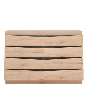 Kensington 4 + 4 Wide Chest of Drawers in Oak Furniture To Go 4034445 5900355033799 4 + 4 Wide Chest of Drawers in Oak. This fantastic grained oak finish with the contrasting dark trim makes this modern top quality collection of bedroom furniture the ideal destination for the most modern or traditional homes. Dimensions: 838mm x 1257mm x 399mm (Height x Width x Depth) 
 Laminated board ( resistant to damage and scratches, moisture and high temperature ) 
 Characteristic milled handles 
 Easy self assembly 
