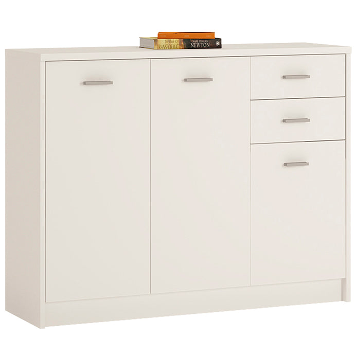 4 You 3 Door 2 Drawer Wide cupboard in Pearl White Furniture To Go 4050521 5900355015566 3 Door 2 drawer Wide Cupboard in Pearl White Maximum amount of storage area is achieved with these Easy Gliding Drawers and internal shelving. The large top area is perfect for your photos and treasured ornaments, nothing is spared on high quality fixings including cam fixings on drawer fronts and adjustable hinges on all doors. Why not add one of our other 85 cm high pieces or corner unit to complete your collection. D