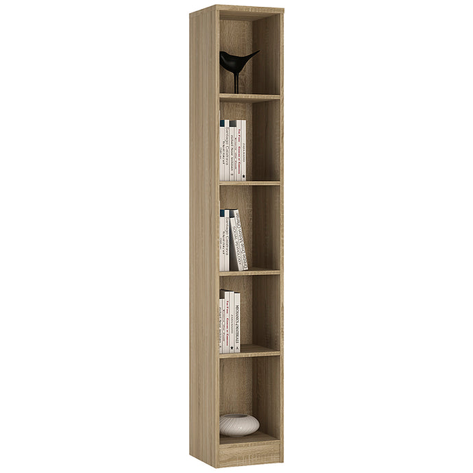 4 You Tall Narrow Bookcase in Sonama Oak Furniture To Go 4050647 5060653083770 Tall Narrow Bookcase in Sonama Oak This extra tall narrow bookcase has several adjustable shelves, and can be used as bookcase, storage area for DVD’s and CD’s or display unit for your treasured ornaments. Why not add more of our matching bookcases to complete your collection. Dimensions: 2032mm x 406mm x 267.5mm (Height x Width x Depth) 
 Laminated board (resistant to damage and scratches, moisture and high temperature) 
 Metal 