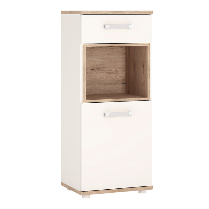 4Kids 1 Door 1 Drawer Narrow Cabinet in Light Oak and white High Gloss (opalino handles) Furniture To Go 4053339 763250344606 1 door 1 drawer narrow cabinet in light oak and white high gloss with opalino handles. This neutral and functional kids collection is perfect for all age groups, finished in light oak and stunning white high gloss. Handy for limited floor area this 1 drawer 1 door unit has interior adjustable shelf. Dimensions: 1157mm x 480mm x 402mm (Height x Width x Depth) 
 Laminated board (resist