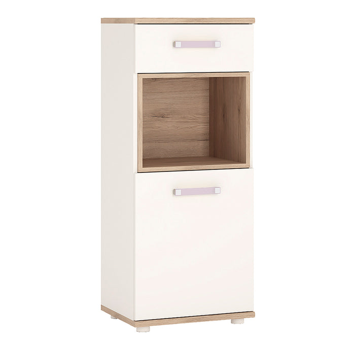 4Kids 1 Door 1 Drawer Narrow Cabinet in Light Oak and white High Gloss (lilac handles) Furniture To Go 4053340 763250344415 1 door 1 drawer narrow cabinet in light oak and white high gloss with lilac handles. This neutral and functional kids collection is perfect for all age groups, finished in light oak and stunning white high gloss. Handy for limited floor area this 1 drawer 1 door unit has interior adjustable shelf. Dimensions: 1157mm x 480mm x 402mm (Height x Width x Depth) 
 Laminated board (resistant 