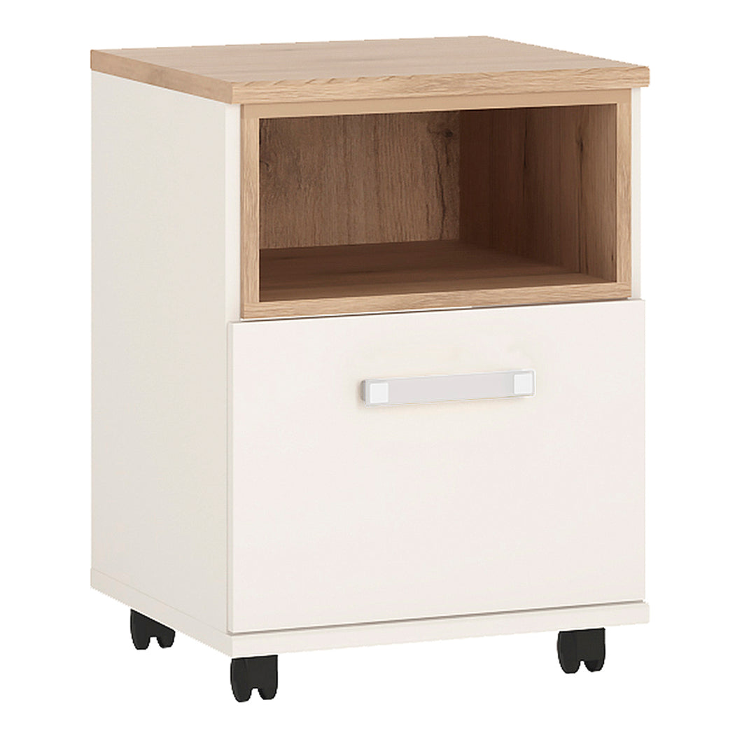 4Kids 1 Door Desk Mobile in Light Oak and white High Gloss (opalino handles) Furniture To Go 4058539 763250344699 1 door desk mobile in light oak and white high gloss with opalino handles. This neutral and functional kids collection is perfect for all age groups, finished in light oak and stunning white high gloss. This handy I door mobile chest with open shelf fits perfectly under matching desk unit. Dimensions: 635mm x 456mm x 456mm (Height x Width x Depth) 
 Laminated board (resistant to damage and scrat
