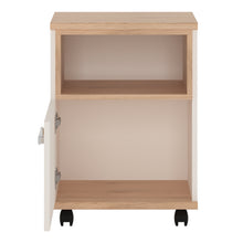 Load image into Gallery viewer, 4Kids 1 Door Desk Mobile in Light Oak and white High Gloss (opalino handles) Furniture To Go 4058539 763250344699 1 door desk mobile in light oak and white high gloss with opalino handles. This neutral and functional kids collection is perfect for all age groups, finished in light oak and stunning white high gloss. This handy I door mobile chest with open shelf fits perfectly under matching desk unit. Dimensions: 635mm x 456mm x 456mm (Height x Width x Depth) 
 Laminated board (resistant to damage and scrat