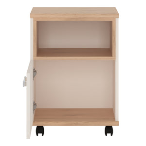 4Kids 1 Door Desk Mobile in Light Oak and white High Gloss (opalino handles) Furniture To Go 4058539 763250344699 1 door desk mobile in light oak and white high gloss with opalino handles. This neutral and functional kids collection is perfect for all age groups, finished in light oak and stunning white high gloss. This handy I door mobile chest with open shelf fits perfectly under matching desk unit. Dimensions: 635mm x 456mm x 456mm (Height x Width x Depth) 
 Laminated board (resistant to damage and scrat