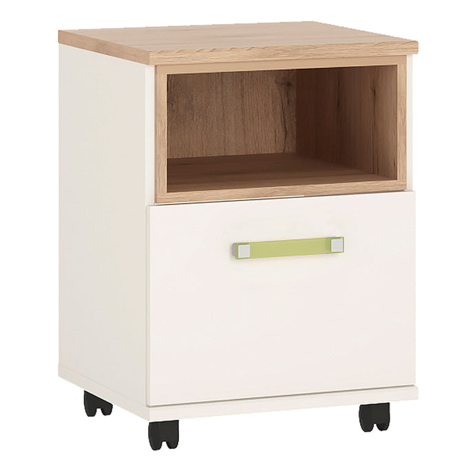 4Kids 1 Door Desk Mobile in Light Oak and white High Gloss (lemon handles) Furniture To Go 4058541 763250344316 1 door desk mobile in light oak and white high gloss with lemon handles. This neutral and functional kids collection is perfect for all age groups, finished in light oak and stunning white high gloss. This handy I door mobile chest with open shelf fits perfectly under matching desk unit. Dimensions: 635mm x 456mm x 456mm (Height x Width x Depth) 
 Laminated board (resistant to damage and scratches