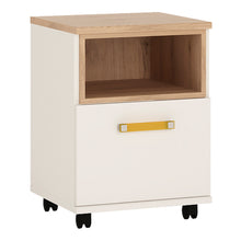 Load image into Gallery viewer, 4Kids 1 Door Desk Mobile in Light Oak and white High Gloss (orange handles) Furniture To Go 4058544P 5900355026555 1 door desk mobile in light oak and white high gloss with orange handles. This neutral and functional kids collection is perfect for all age groups, finished in light oak and stunning white high gloss. This handy I door mobile chest with open shelf fits perfectly under matching desk unit. Dimensions: 635mm x 456mm x 456mm (Height x Width x Depth) 
 Laminated board (resistant to damage and scrat