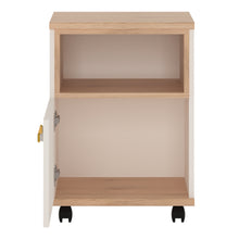Load image into Gallery viewer, 4Kids 1 Door Desk Mobile in Light Oak and white High Gloss (orange handles) Furniture To Go 4058544P 5900355026555 1 door desk mobile in light oak and white high gloss with orange handles. This neutral and functional kids collection is perfect for all age groups, finished in light oak and stunning white high gloss. This handy I door mobile chest with open shelf fits perfectly under matching desk unit. Dimensions: 635mm x 456mm x 456mm (Height x Width x Depth) 
 Laminated board (resistant to damage and scrat
