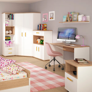 4Kids 1 Door Desk Mobile in Light Oak and white High Gloss (orange handles) Furniture To Go 4058544P 5900355026555 1 door desk mobile in light oak and white high gloss with orange handles. This neutral and functional kids collection is perfect for all age groups, finished in light oak and stunning white high gloss. This handy I door mobile chest with open shelf fits perfectly under matching desk unit. Dimensions: 635mm x 456mm x 456mm (Height x Width x Depth) 
 Laminated board (resistant to damage and scrat