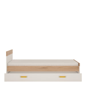 4Kids Single Bed with Underbed Drawer in Light Oak and white High Gloss (orange handles) Furniture To Go 4059044P 5900355026562 Single bed with under drawer in light oak and white high gloss with orange handles. This neutral and functional kids collection is perfect for all age groups, finished in light oak and stunning white high gloss. Single bedframe with massive underbed storage unit (Inc slats). Dimensions: 763mm x 2048mm x 1006mm (Height x Width x Depth) 
 Laminated board (resistant to damage and scra