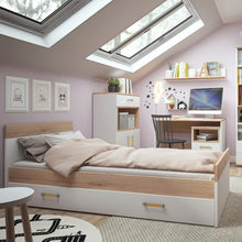 Load image into Gallery viewer, 4Kids Single Bed with Underbed Drawer in Light Oak and white High Gloss (orange handles) Furniture To Go 4059044P 5900355026562 Single bed with under drawer in light oak and white high gloss with orange handles. This neutral and functional kids collection is perfect for all age groups, finished in light oak and stunning white high gloss. Single bedframe with massive underbed storage unit (Inc slats). Dimensions: 763mm x 2048mm x 1006mm (Height x Width x Depth) 
 Laminated board (resistant to damage and scra