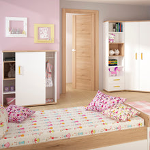 Load image into Gallery viewer, 4Kids Single Bed with Underbed Drawer in Light Oak and white High Gloss (orange handles) Furniture To Go 4059044P 5900355026562 Single bed with under drawer in light oak and white high gloss with orange handles. This neutral and functional kids collection is perfect for all age groups, finished in light oak and stunning white high gloss. Single bedframe with massive underbed storage unit (Inc slats). Dimensions: 763mm x 2048mm x 1006mm (Height x Width x Depth) 
 Laminated board (resistant to damage and scra