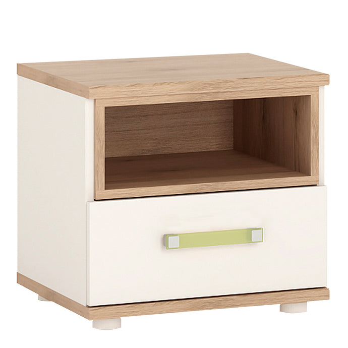 4Kids 1 Drawer bedside Cabinet in Light Oak and white High Gloss (lemon handles) Furniture To Go 4059541 763250344330 1 drawer bedside cabinet in light oak and white high gloss with lemon handles. This neutral and functional kids collection is perfect for all age groups, finished in light oak and stunning white high gloss. Nice compact small 1 drawer bedside with open shelf for magazines. Dimensions: 422mm x 456mm x 402mm (Height x Width x Depth) 
 Laminated board (resistant to damage and scratches, moistur
