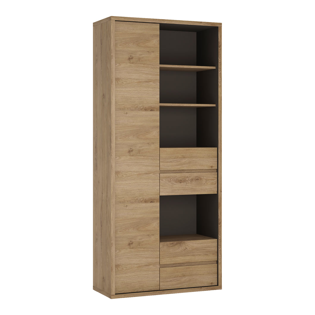 Shetland Tall wide 1 door 4 drawer bookcase in Shetland Oak Finish Furniture To Go 4191261 5900355035885 Tall wide 1 door 4 drawer bookcase. Enchanting with its simple elegence, Ingenious shape complemented by elegant decor - a perfect marriage. This collection with sharp lines and a bold feeling, fills every living room space requirement. Dimensions: 1970mm x 860mm x 400mm (Height x Width x Depth) 
 Laminated board ( resistant to damage and scratches, moisture and high temperature ) 
 Easy self assembly 
 