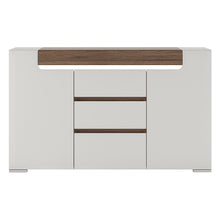 Load image into Gallery viewer, Toronto 2 Door 3 Drawer Sideboard (inc. Plexi Lighting) In White and Oak Furniture To Go 4202344 5900355035564 2 Door 3 Drawer Sideboard (inc, Plexi Lighting). This 2 door 3 drawer sideboard has many features including soft close doors and drawers, internal LED lighting and adjustable shelves.Warm and yet cool living and dining collection in white High Gloss with San Remo Oak inset. Dimensions: 845mm x 1400mm x 422mm (Height x Width x Depth) 
 Laminated board ( resistant to damage and scratches, moisture an