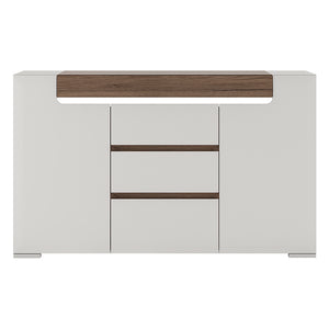 Toronto 2 Door 3 Drawer Sideboard (inc. Plexi Lighting) In White and Oak Furniture To Go 4202344 5900355035564 2 Door 3 Drawer Sideboard (inc, Plexi Lighting). This 2 door 3 drawer sideboard has many features including soft close doors and drawers, internal LED lighting and adjustable shelves.Warm and yet cool living and dining collection in white High Gloss with San Remo Oak inset. Dimensions: 845mm x 1400mm x 422mm (Height x Width x Depth) 
 Laminated board ( resistant to damage and scratches, moisture an