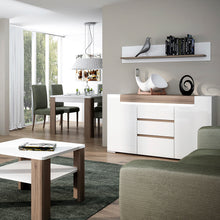 Load image into Gallery viewer, Toronto 2 Door 3 Drawer Sideboard (inc. Plexi Lighting) In White and Oak Furniture To Go 4202344 5900355035564 2 Door 3 Drawer Sideboard (inc, Plexi Lighting). This 2 door 3 drawer sideboard has many features including soft close doors and drawers, internal LED lighting and adjustable shelves.Warm and yet cool living and dining collection in white High Gloss with San Remo Oak inset. Dimensions: 845mm x 1400mm x 422mm (Height x Width x Depth) 
 Laminated board ( resistant to damage and scratches, moisture an