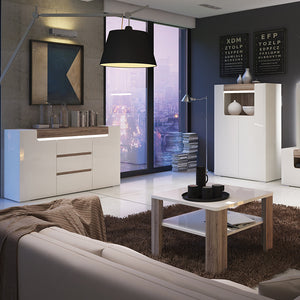 Toronto 2 Door 3 Drawer Sideboard (inc. Plexi Lighting) In White and Oak Furniture To Go 4202344 5900355035564 2 Door 3 Drawer Sideboard (inc, Plexi Lighting). This 2 door 3 drawer sideboard has many features including soft close doors and drawers, internal LED lighting and adjustable shelves.Warm and yet cool living and dining collection in white High Gloss with San Remo Oak inset. Dimensions: 845mm x 1400mm x 422mm (Height x Width x Depth) 
 Laminated board ( resistant to damage and scratches, moisture an
