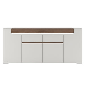 Toronto Wide 4 Door 2 Drawer Sideboard (inc. Plexi Lighting) In White and Oak Furniture To Go 4202544 5900355035588 Wide 4 Door 2 Drawer Sideboard (inc, Plexi Lighting). This extra wide 4 door 2 drawer sideboard has many features including soft close doors and drawers, internal LED lighting and adjustable shelves. Warm and yet cool living and dining collection in white High Gloss with San Remo Oak inset. Dimensions: 845mm x 1900mm x 422mm (Height x Width x Depth) 
 Laminated board ( resistant to damage and 