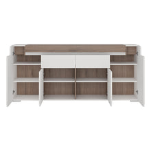 Load image into Gallery viewer, Toronto Wide 4 Door 2 Drawer Sideboard (inc. Plexi Lighting) In White and Oak Furniture To Go 4202544 5900355035588 Wide 4 Door 2 Drawer Sideboard (inc, Plexi Lighting). This extra wide 4 door 2 drawer sideboard has many features including soft close doors and drawers, internal LED lighting and adjustable shelves. Warm and yet cool living and dining collection in white High Gloss with San Remo Oak inset. Dimensions: 845mm x 1900mm x 422mm (Height x Width x Depth) 
 Laminated board ( resistant to damage and 