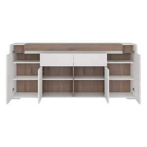 Toronto Wide 4 Door 2 Drawer Sideboard (inc. Plexi Lighting) In White and Oak Furniture To Go 4202544 5900355035588 Wide 4 Door 2 Drawer Sideboard (inc, Plexi Lighting). This extra wide 4 door 2 drawer sideboard has many features including soft close doors and drawers, internal LED lighting and adjustable shelves. Warm and yet cool living and dining collection in white High Gloss with San Remo Oak inset. Dimensions: 845mm x 1900mm x 422mm (Height x Width x Depth) 
 Laminated board ( resistant to damage and 