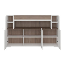 Load image into Gallery viewer, Toronto 3 Door Sideboard with open shelving (inc. Plexi Lighting) In White and Oak Furniture To Go 4202944 5900355035601 3 Door Sideboard with open shelving (inc, Plexi Lighting). This 3 door sideboard has many features including soft close doors. internal LED lighting and adjustable shelves. Warm and yet cool living and dining collection in white High Gloss with San Remo Oak inset. Dimensions: 845mm x 1400mm x 422mm (Height x Width x Depth) 
 Laminated board ( resistant to damage and scratches, moisture an