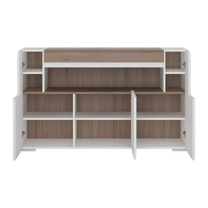 Toronto 3 Door Sideboard with open shelving (inc. Plexi Lighting) In White and Oak Furniture To Go 4202944 5900355035601 3 Door Sideboard with open shelving (inc, Plexi Lighting). This 3 door sideboard has many features including soft close doors. internal LED lighting and adjustable shelves. Warm and yet cool living and dining collection in white High Gloss with San Remo Oak inset. Dimensions: 845mm x 1400mm x 422mm (Height x Width x Depth) 
 Laminated board ( resistant to damage and scratches, moisture an