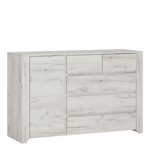 Angel 1 Door 2+3 drawer Chest in White Craft Oak Furniture To Go 4214162 5900355038510 1 Door 2+3 drawer Chest. This beautifull bedroom collection is contemporay and stylish and suitable for all age groups, finished in a modern hard wearing white crafted Oak melamine. This compact 119cm wide chest has lots of storage with 2 small over 3 wide drawers and cupboard with interior shelf. Dimensions: 765mm x 1187mm x 400mm (Height x Width x Depth) 
 Laminated board (resistant to damage and scratches, moisture and