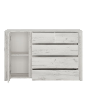 Angel 1 Door 2+3 drawer Chest in White Craft Oak Furniture To Go 4214162 5900355038510 1 Door 2+3 drawer Chest. This beautifull bedroom collection is contemporay and stylish and suitable for all age groups, finished in a modern hard wearing white crafted Oak melamine. This compact 119cm wide chest has lots of storage with 2 small over 3 wide drawers and cupboard with interior shelf. Dimensions: 765mm x 1187mm x 400mm (Height x Width x Depth) 
 Laminated board (resistant to damage and scratches, moisture and