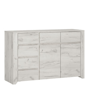 Angel 2 Door 3+3 Drawer Wide Chest in White Craft Oak Furniture To Go 4214262 5900355038527 2 Door 3+3 Drawer Wide Chest. This beautifull bedroom collection is contemporay and stylish and suitable for all age groups, finished in a modern hard wearing white crafted Oak melamine. This extra wide chest has lots of storage with 6 handy size drawers and 1 cupboards with interior shelving. cupboard with interior shelf. Dimensions: 765mm x 1187mm x 400mm (Height x Width x Depth) 
 Laminated board (resistant to dam