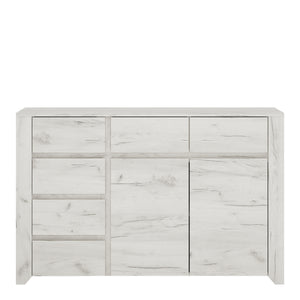 Angel 2 Door 3+3 Drawer Wide Chest in White Craft Oak Furniture To Go 4214262 5900355038527 2 Door 3+3 Drawer Wide Chest. This beautifull bedroom collection is contemporay and stylish and suitable for all age groups, finished in a modern hard wearing white crafted Oak melamine. This extra wide chest has lots of storage with 6 handy size drawers and 1 cupboards with interior shelving. cupboard with interior shelf. Dimensions: 765mm x 1187mm x 400mm (Height x Width x Depth) 
 Laminated board (resistant to dam