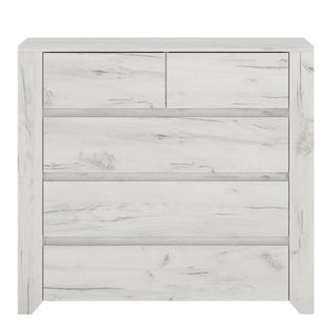 Angel 2+3 Chest of Drawers in White Craft Oak Furniture To Go 4214362 5900355038534 2+3 Chest of Drawers. This beautifull bedroom collection is contemporay and stylish and suitable for all age groups, finished in a modern hard wearing white crafted Oak melamine. A handy compact 2 small over 3 wide drawer chest. 77cm wide top is handy display area for family photo's etc. Dimensions: 765mm x 840mm x 400mm (Height x Width x Depth) 
 Laminated board (resistant to damage and scratches, moisture and high temperat