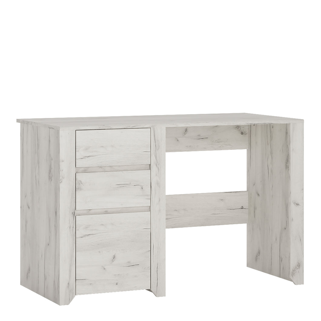 Angel 3 Drawer Desk in White Craft Oak Furniture To Go 4218062 5900355038589 This beautifull bedroom collection is contemporay and stylish and suitable for all age groups, finished in a modern hard wearing white crafted Oak melamine. 60cm deep desktop area working surface, giving you plenty of space. Dimensions: 765mm x 1187mm x 600mm (Height x Width x Depth) 
 Laminated board (resistant to damage and scratches, moisture and high temperature) 
 Decorative gently rounded MDF mouldings 
 Easy self assembly 
 