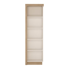 Load image into Gallery viewer, Lyon Bookcase (RH) in Riviera Oak/White High Gloss Furniture To Go 4261865 5900355044030 Bookcase (RH) in Riviera Oak/White High Gloss. Bookcase with plenty of space to display family treasures or your favourite book collection. A high quality collection in a ultra modern design - with each item complementing each other. Dimensions: 1985mm x 600mm x 420mm (Height x Width x Depth) 
 Laminated board (resistant to damage and scratches, moisture and high temperature) 
 Easy self assembly 
 Assembly instructions